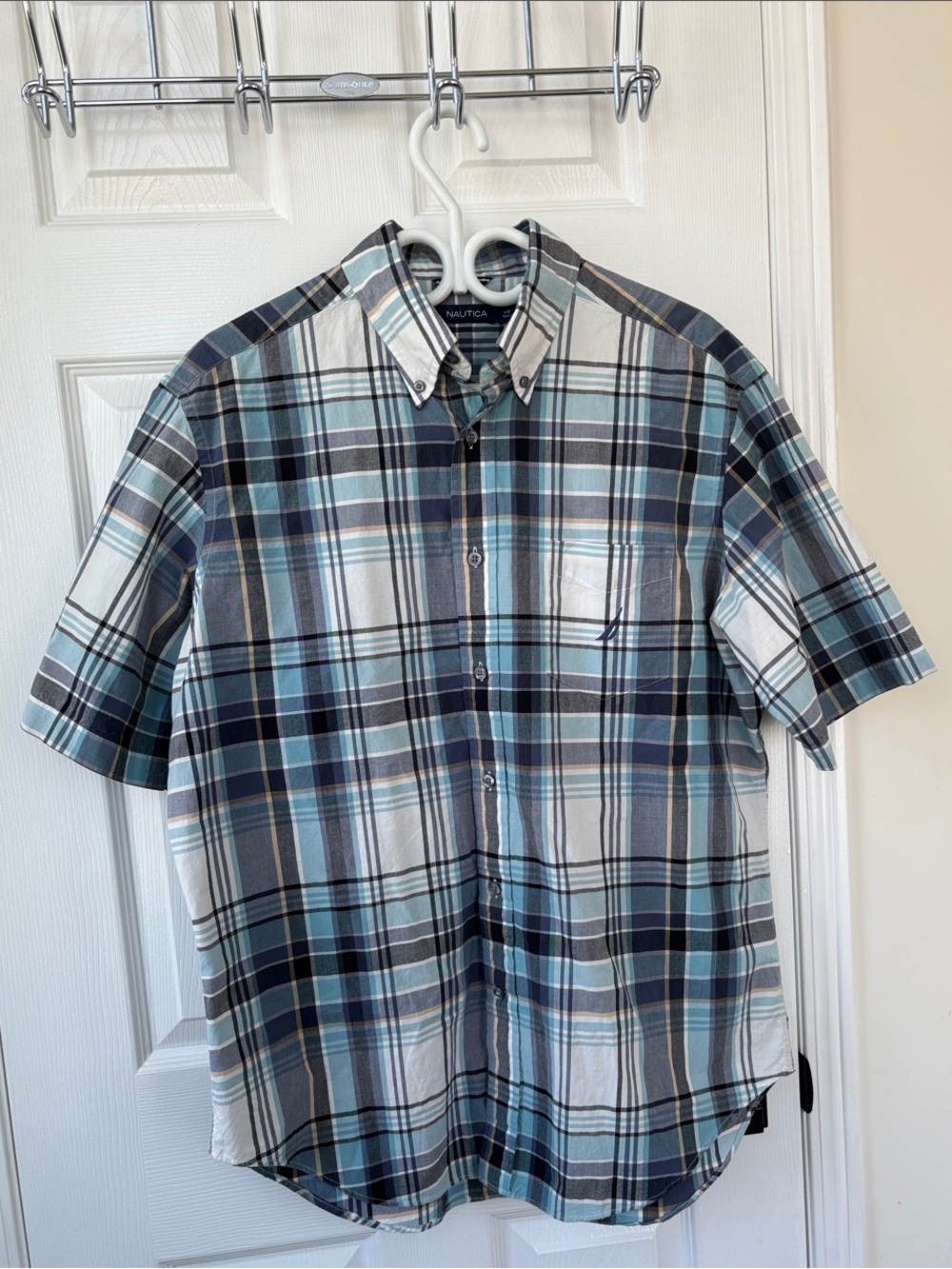 Nautica Y2K Men's Short-Sleeve Plaid Button-Down Shirt in Blue, White & Gray